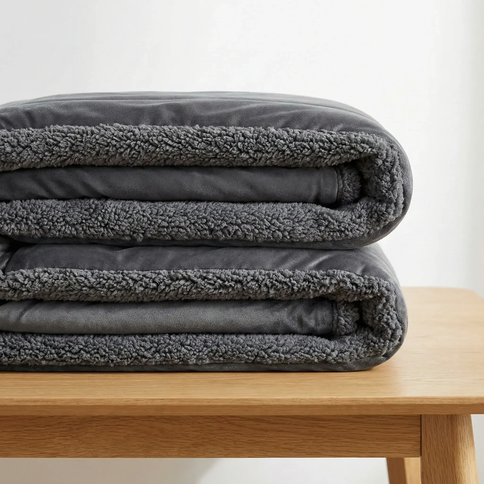 Folded grey Sanctuary Throw showing its layered construction