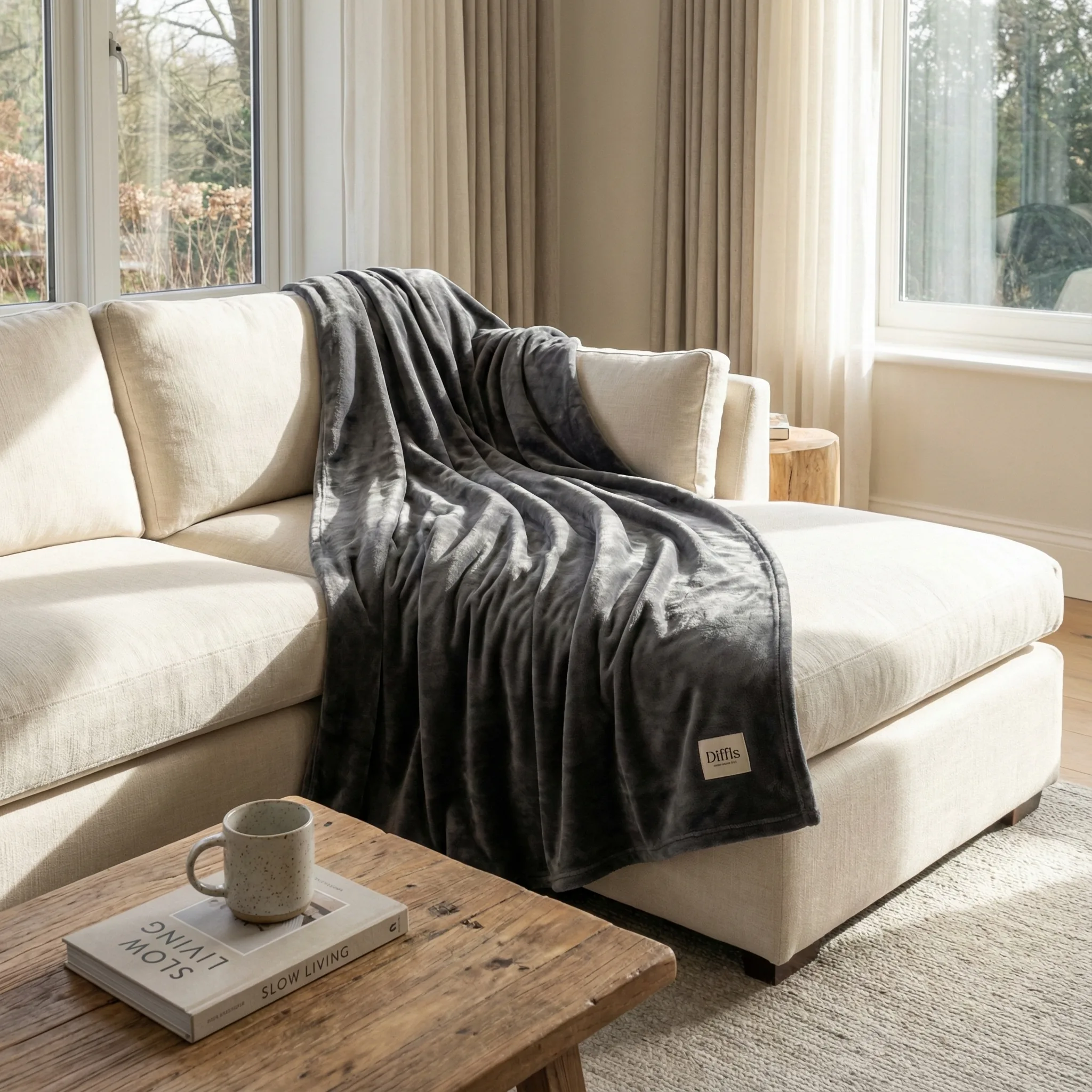 Grey Sanctuary Throw draped across a cream sofa